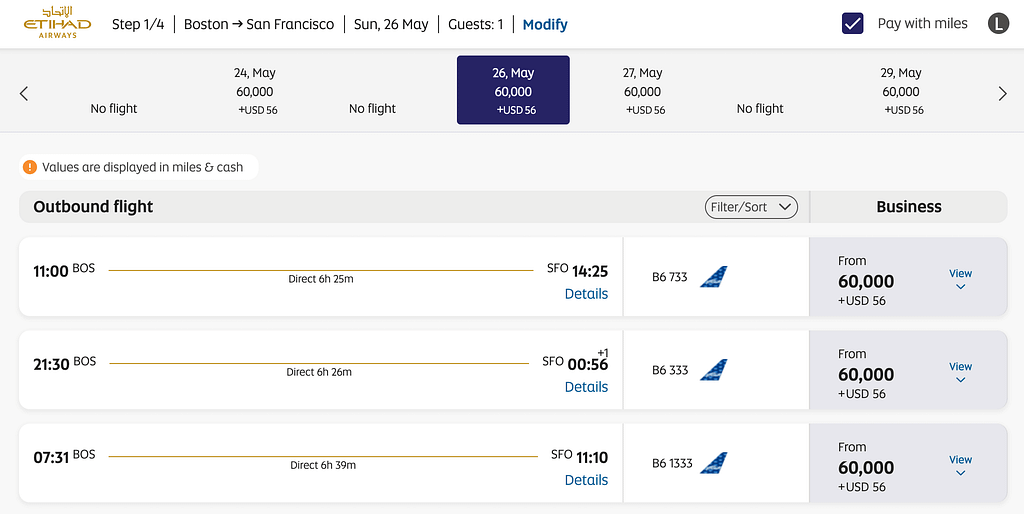 Book JetBlue using Etihad Guest Miles online