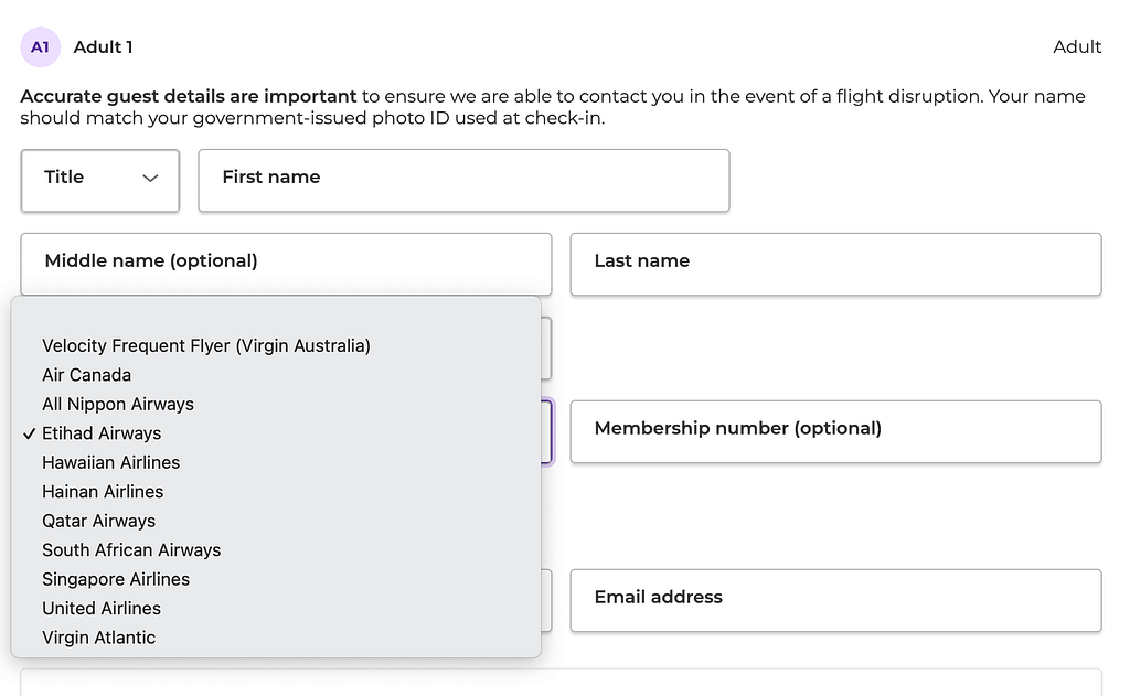 Adding Frequent Flyer details on Virgin Australia