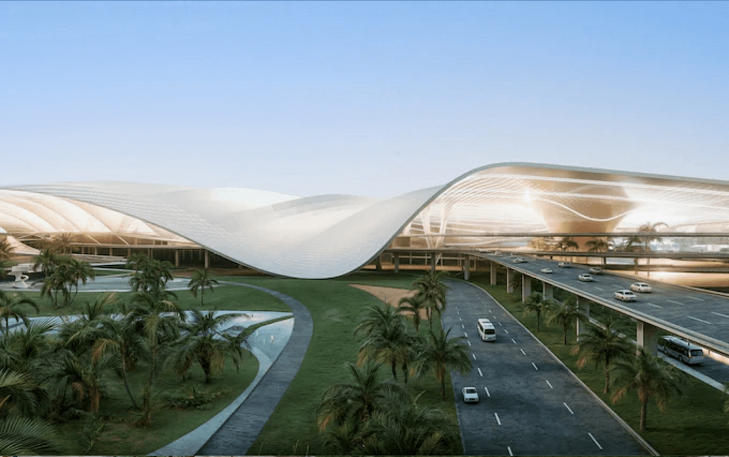 Redering of the exterior of the passenger terminal at Al Maktoum International Airport