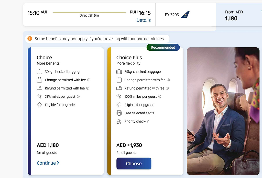 Warning that some Etihad Guest benefits may not apply on partner airlines