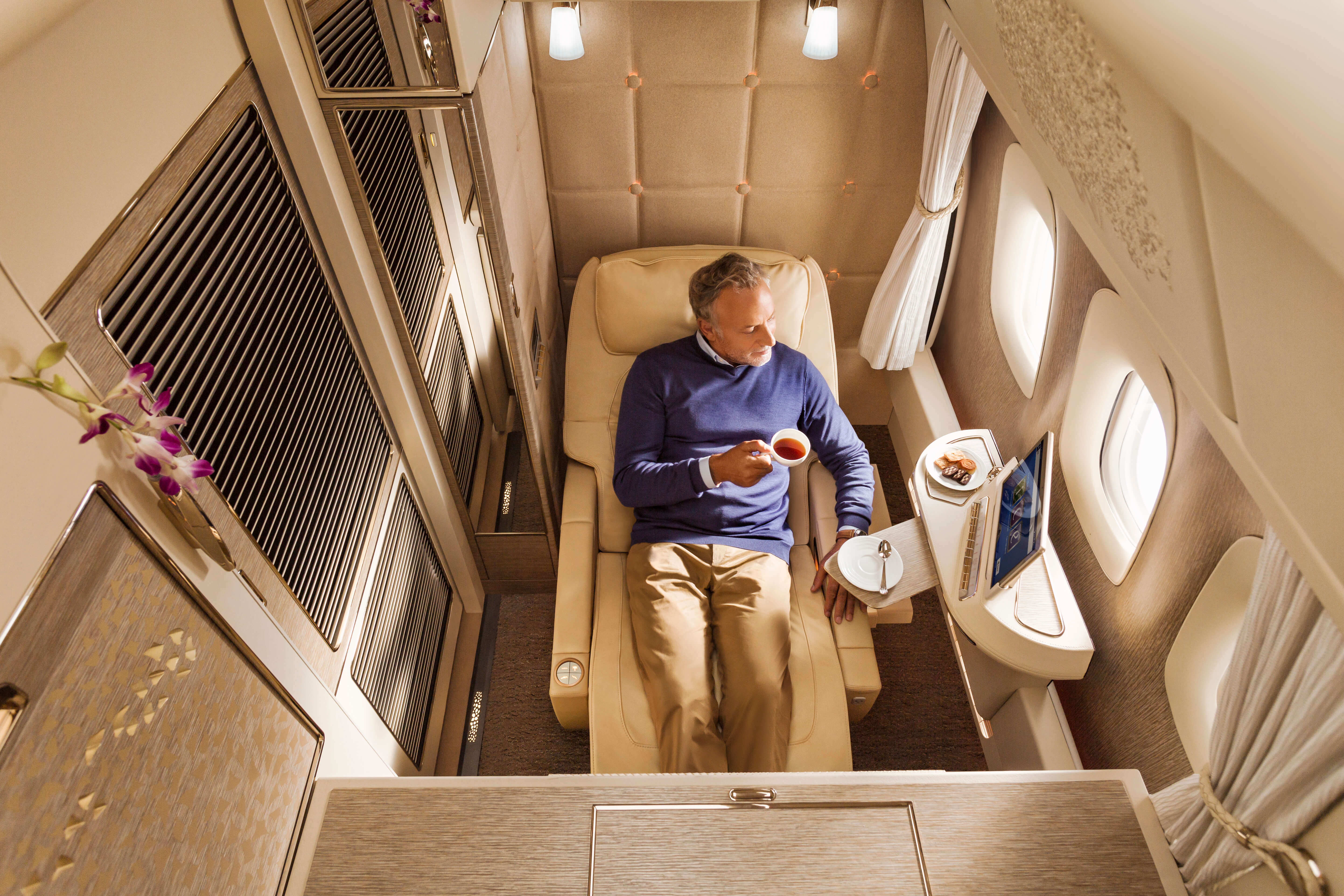 Emirates new First Class suit in zero gravity position