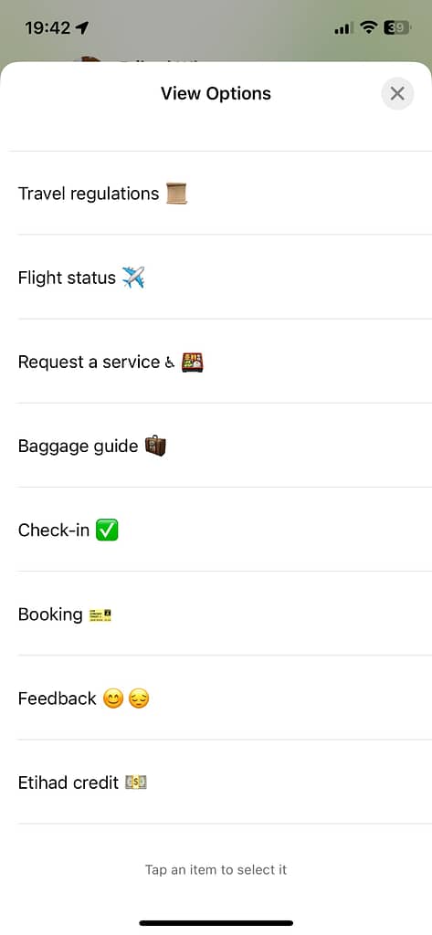 Etihad Airways virtual travel assistant WhatsApp menu 