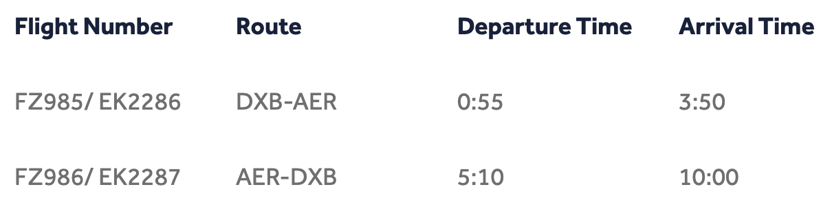 flydubai flight schedule between Dubai (DXB) and Sochi (AER)