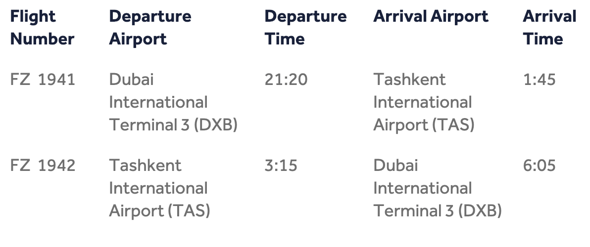 flydubai Dubai (DXB) to Tashkent (TAS) flight schedule