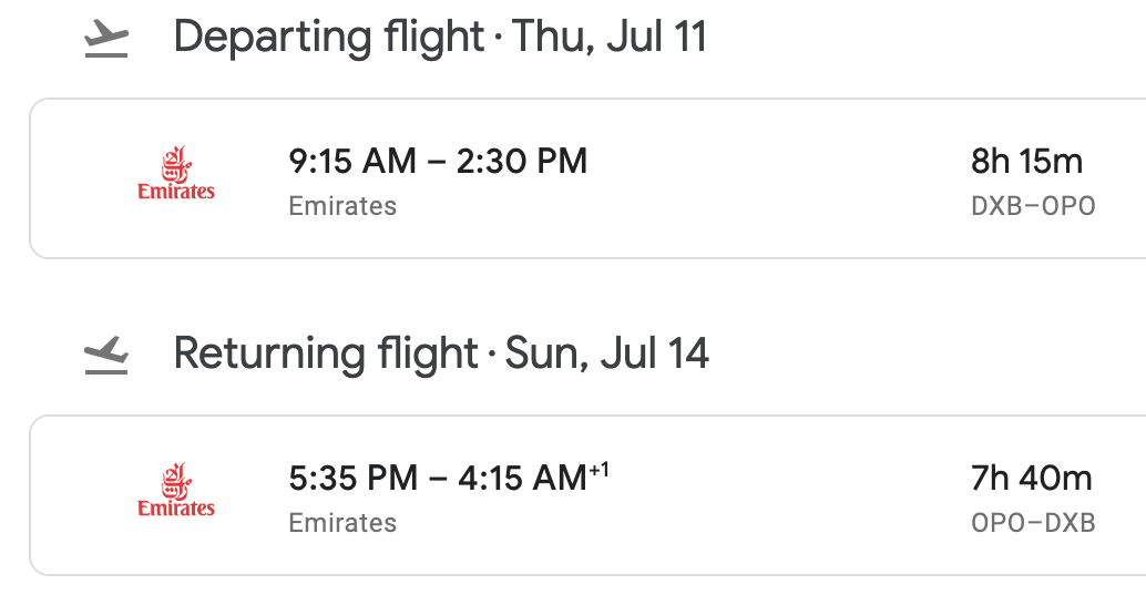 Emirates flight schedule betwee Dubai (DXB) and Porto (OPO)