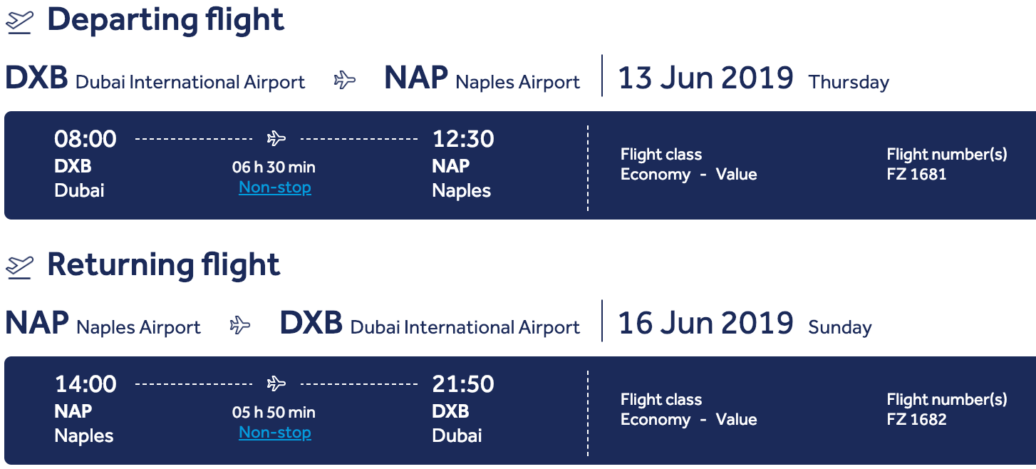 flydubai Dubai to Naples flight schedule