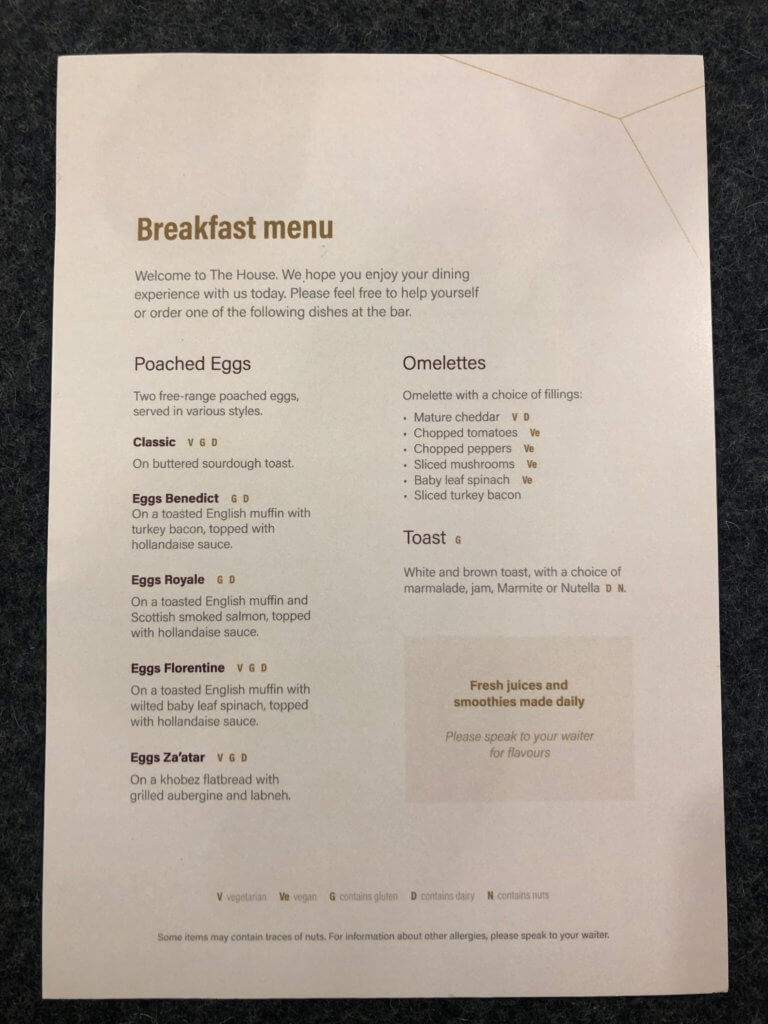 Breakfast à la carte menu at The House lounge London Heathrow Terminal 4