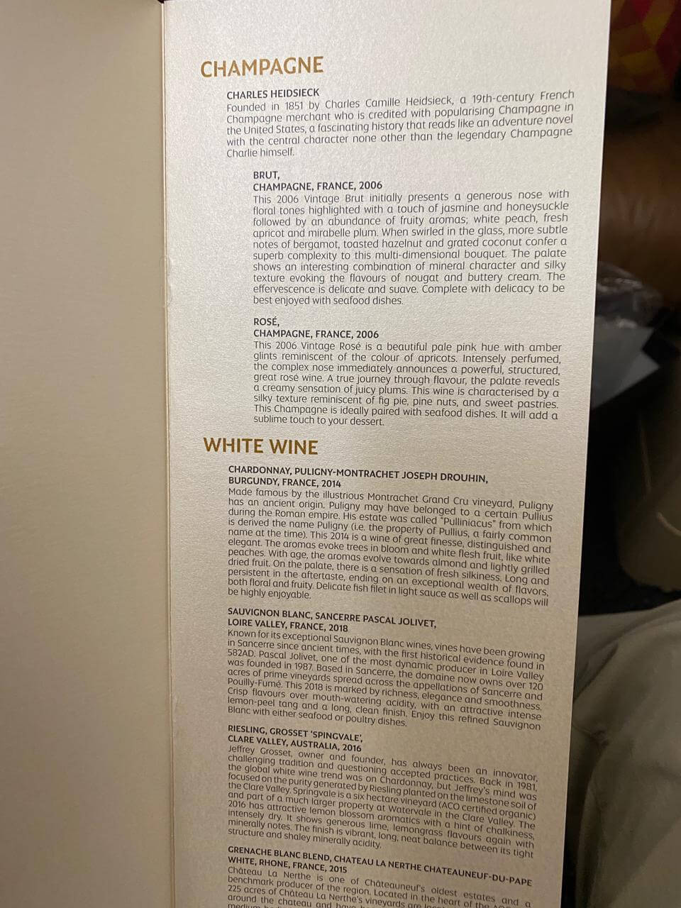 Etihad's First Class Wine list