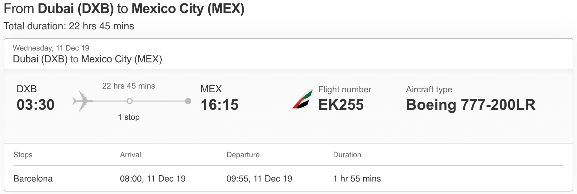 Emirates flight schedule between Dubai (DXB) and Mexico City (MEX)