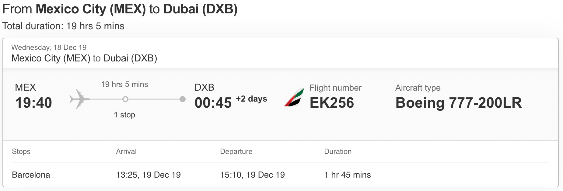 Emirates flight schedule between Mexico City (MEX) and Dubai (DXB)