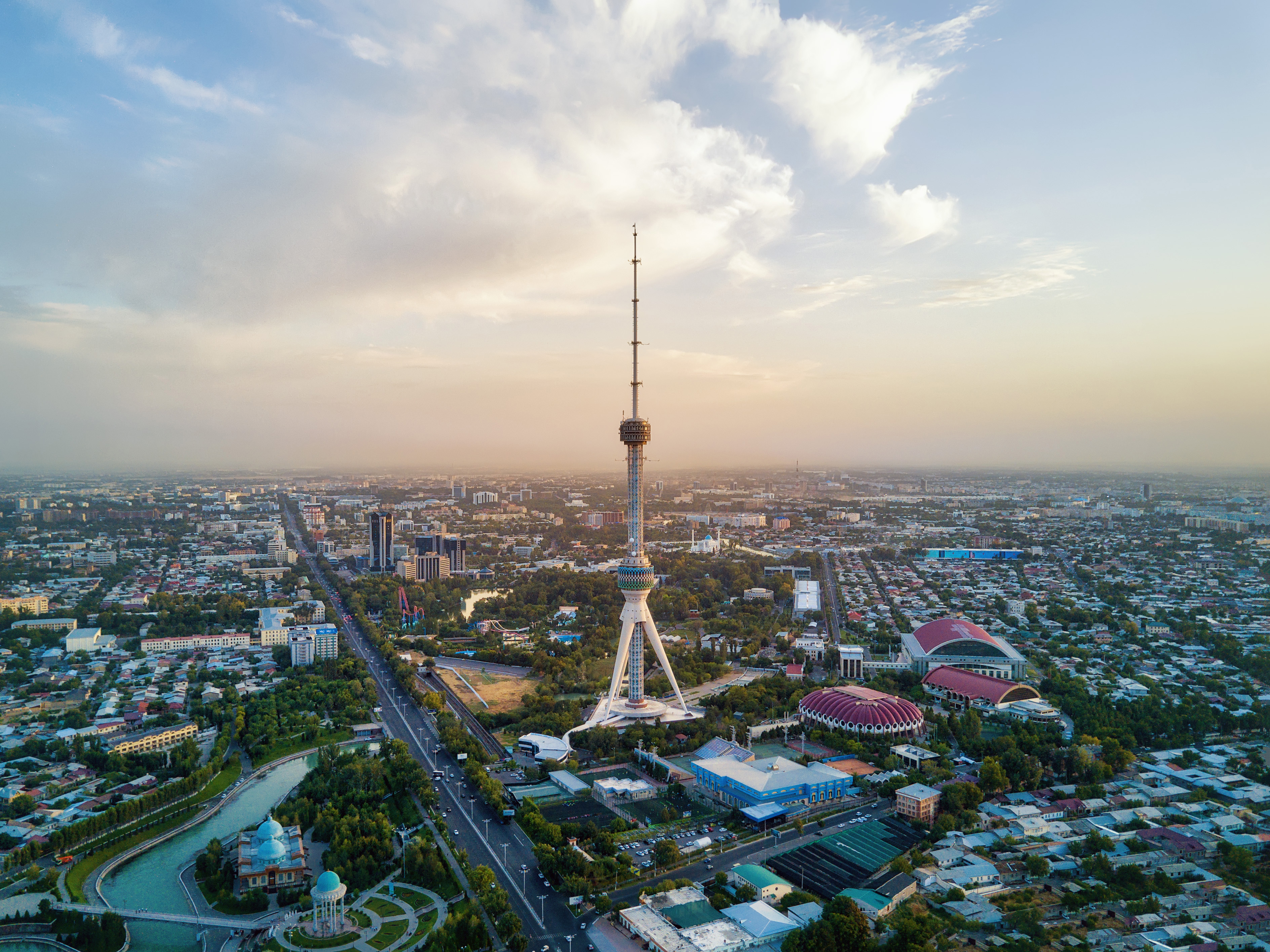 Aerial Shot of the Tashkent TV Tower at sunset in Tashkent, Uzbekistan 