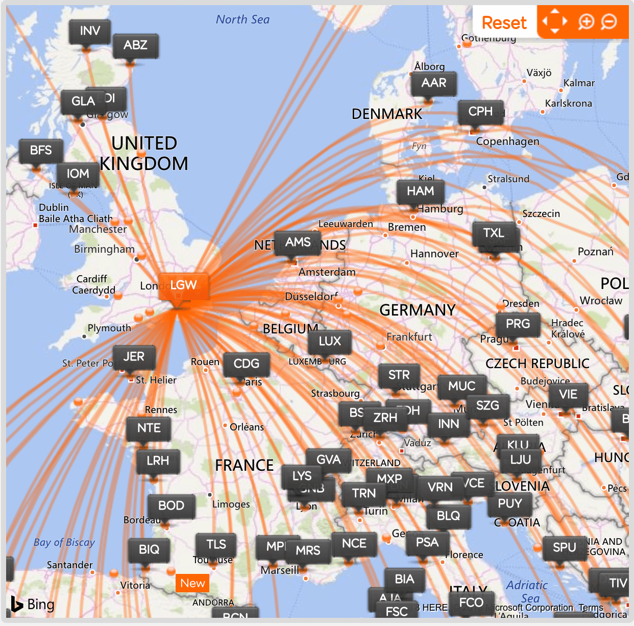 A map of easyJet destinations from London Gatwick