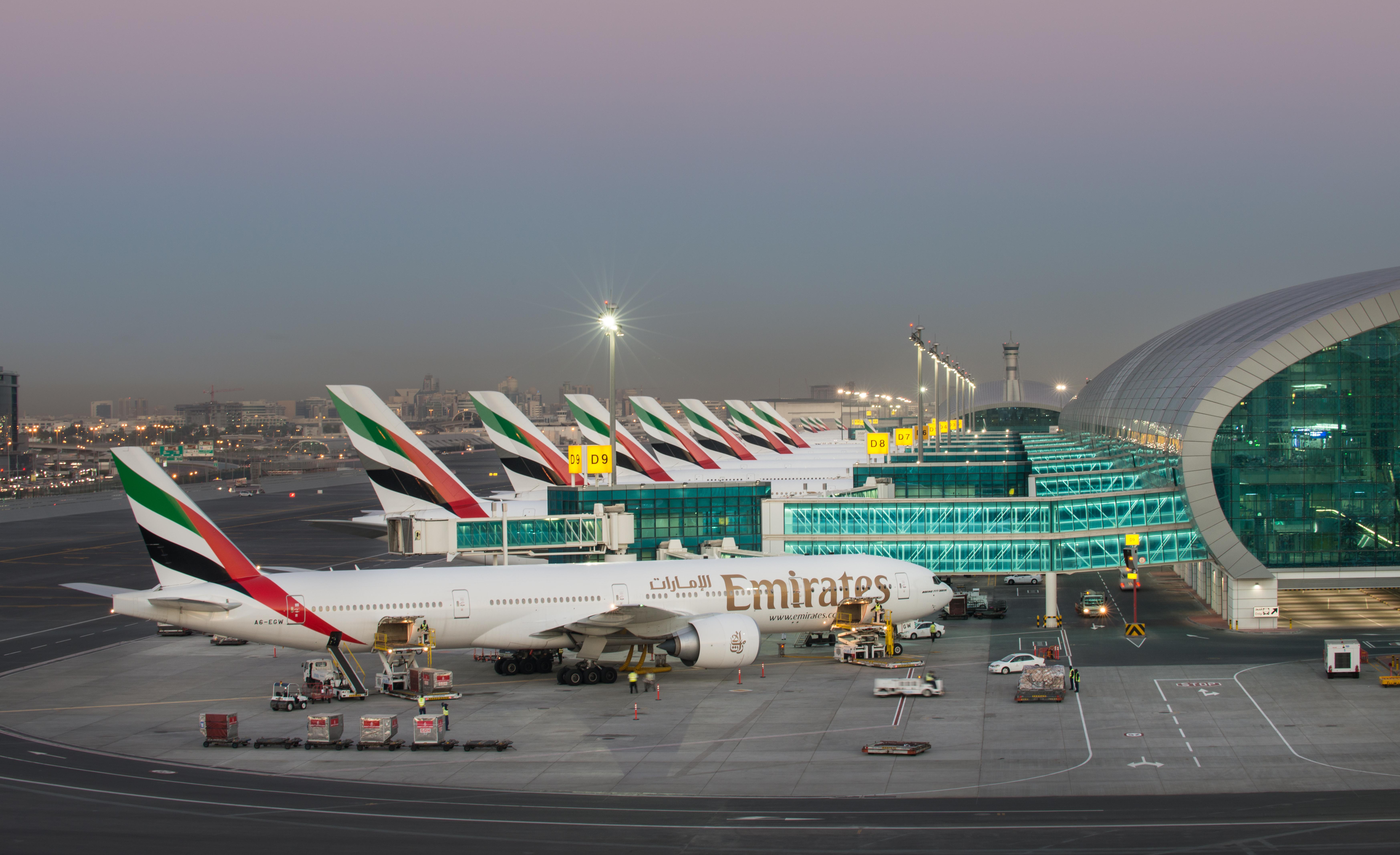 Emirates aircraft lined up at Terminal 3 Dubai