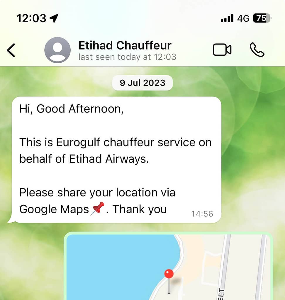 WhatsApp message from Etihad Chauffeur