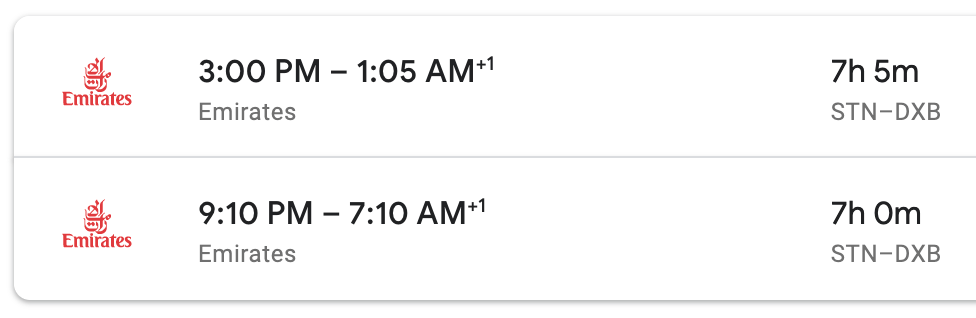 Emirates schedule between London Stansted (STN) and Dubai (DXB)
