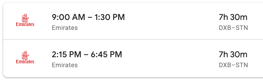 Emirates schedule between London Stansted (STN) and Dubai (DXB)